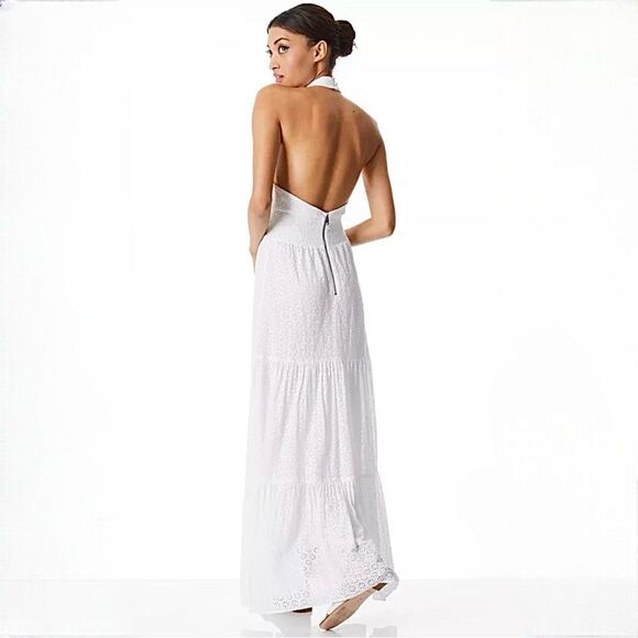 Alice + Olivia Lyndon Tiered Maxi Dress Cross Front Halter Eyelet Lace Open Back - Picture 2 of 14